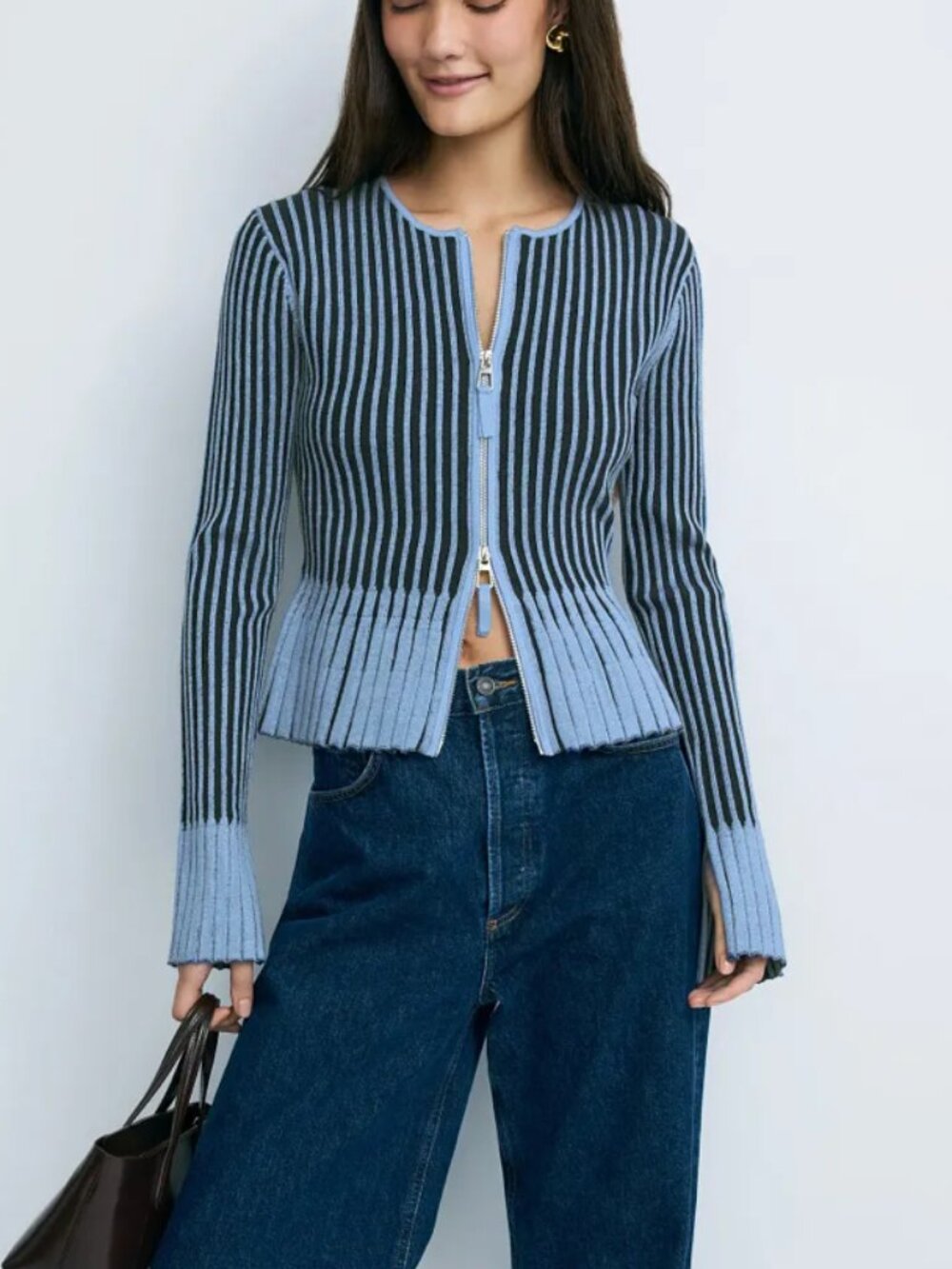 Toccin Priscilla Two Tone Rib-Knit Zip-Up Cardigan XS